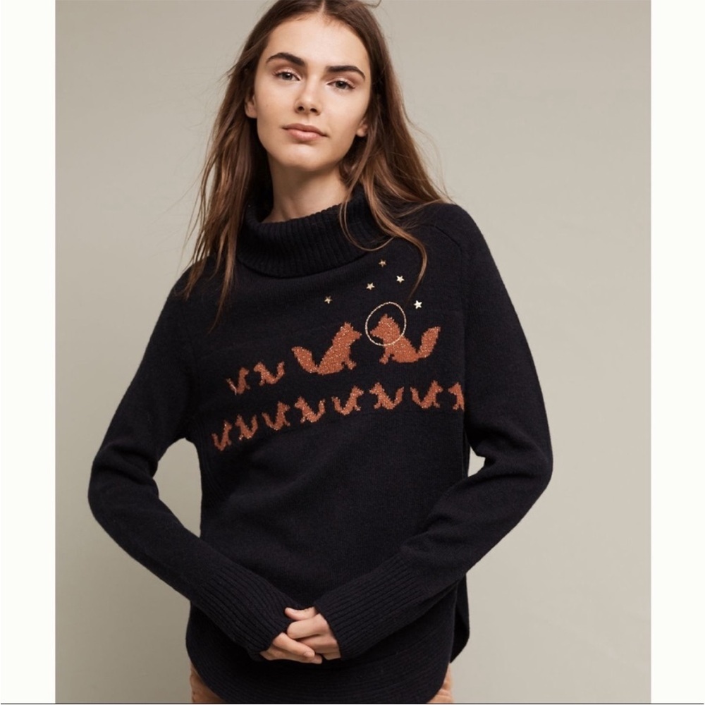 Anthropologie MOTH Fanciful Fox Printed Turtleneck Sweater in Navy Blue Sz M